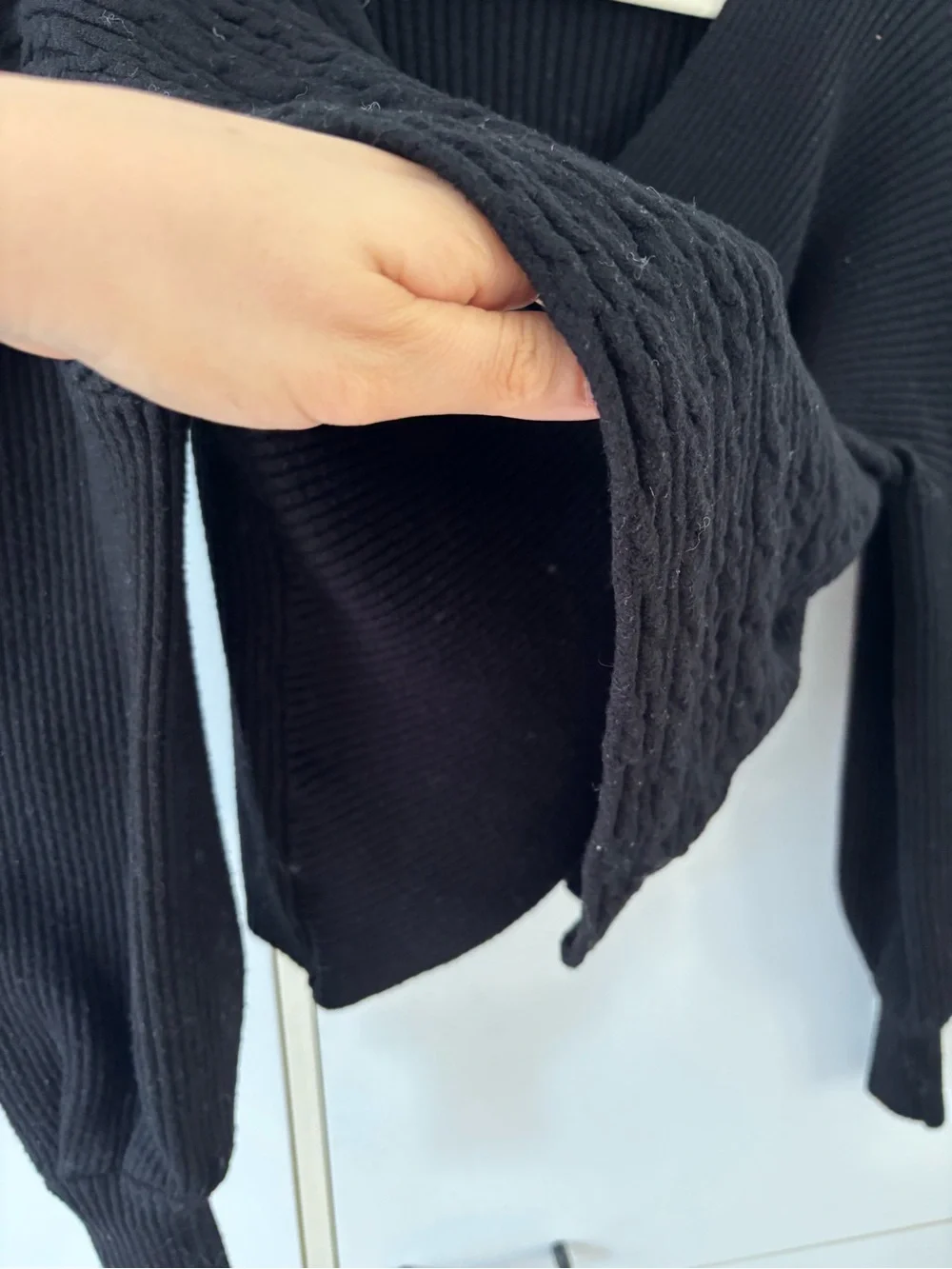 Zara Knit Wrap Sweater Black Textured Balloon Sleeve Small Minimalist Stretchy - Picture 4 of 11